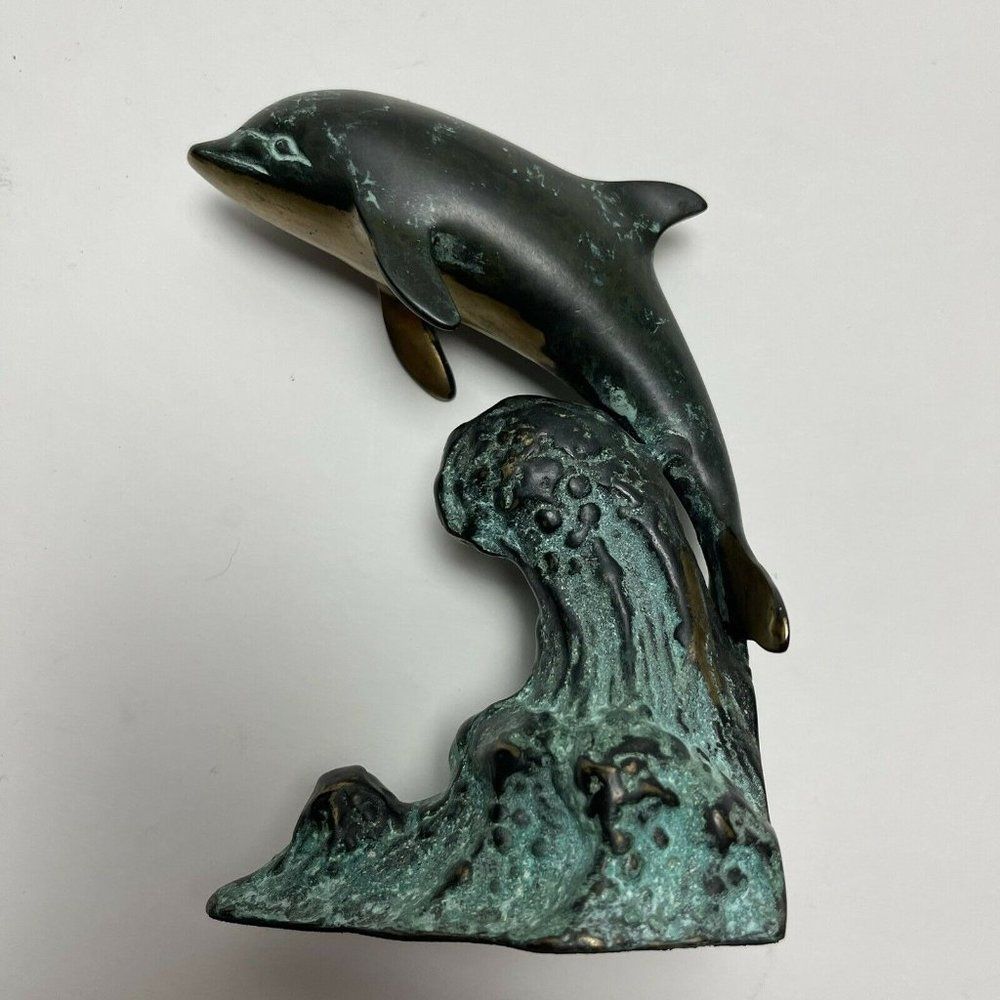 Brass Dolphin Statue Vintage Art Deco 6" High Brass Sculpture Patina Metal Base - Picture 5 of 10